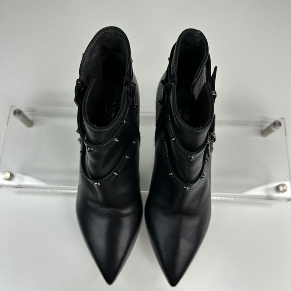 Napoleoni Black Leather Pointed Toe Buckle Studded Ankle Boots‎ EU 38